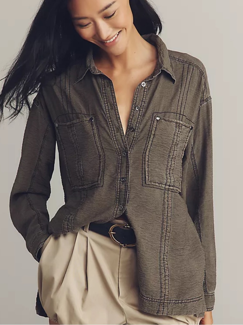 ANTHROPOLOGIE PILCRO Long Sleeve Utility Buttondown Shirt Grey Olive Size Small
